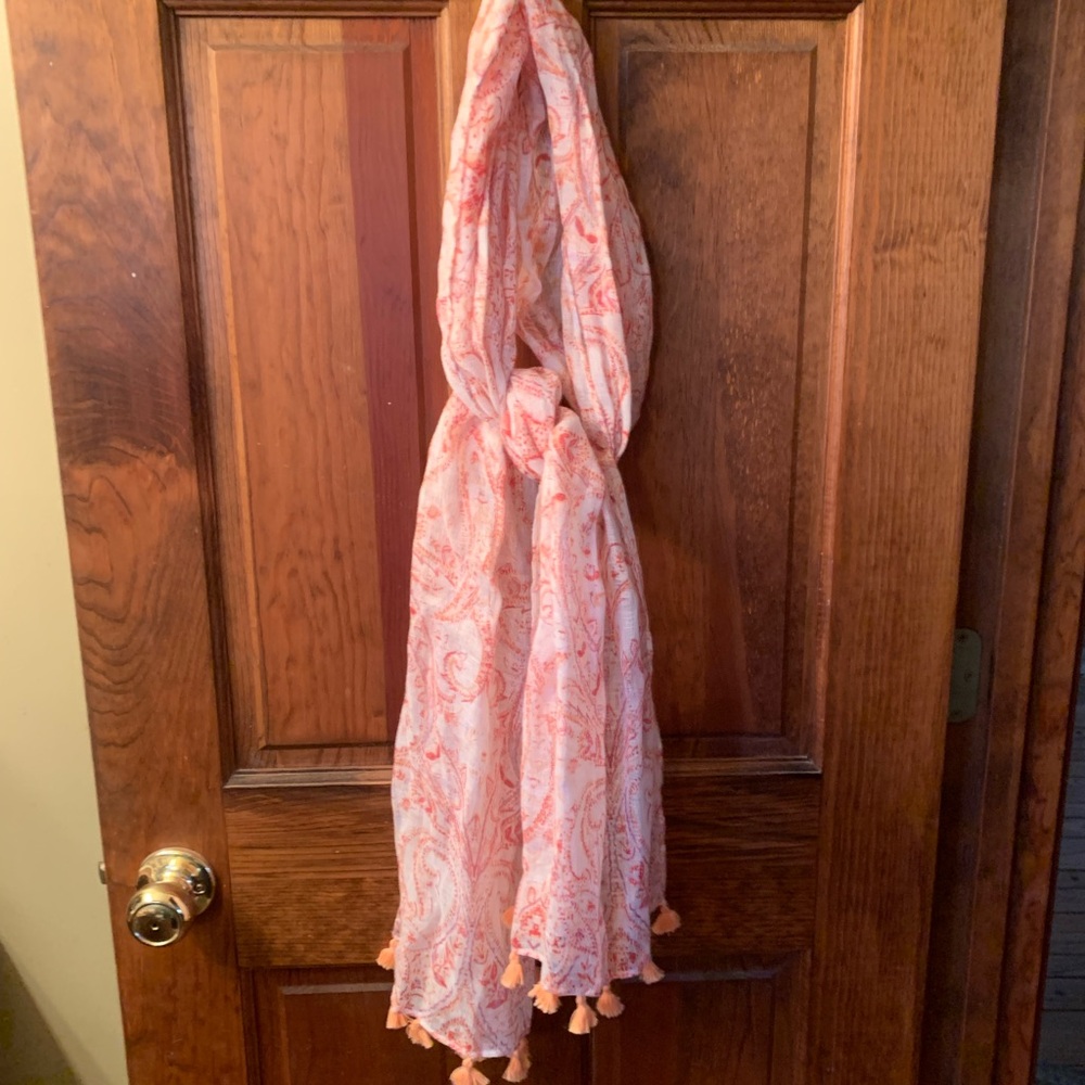 Chico ORANGE and Pink on White background tassel scarf. Beautiful floral pattern